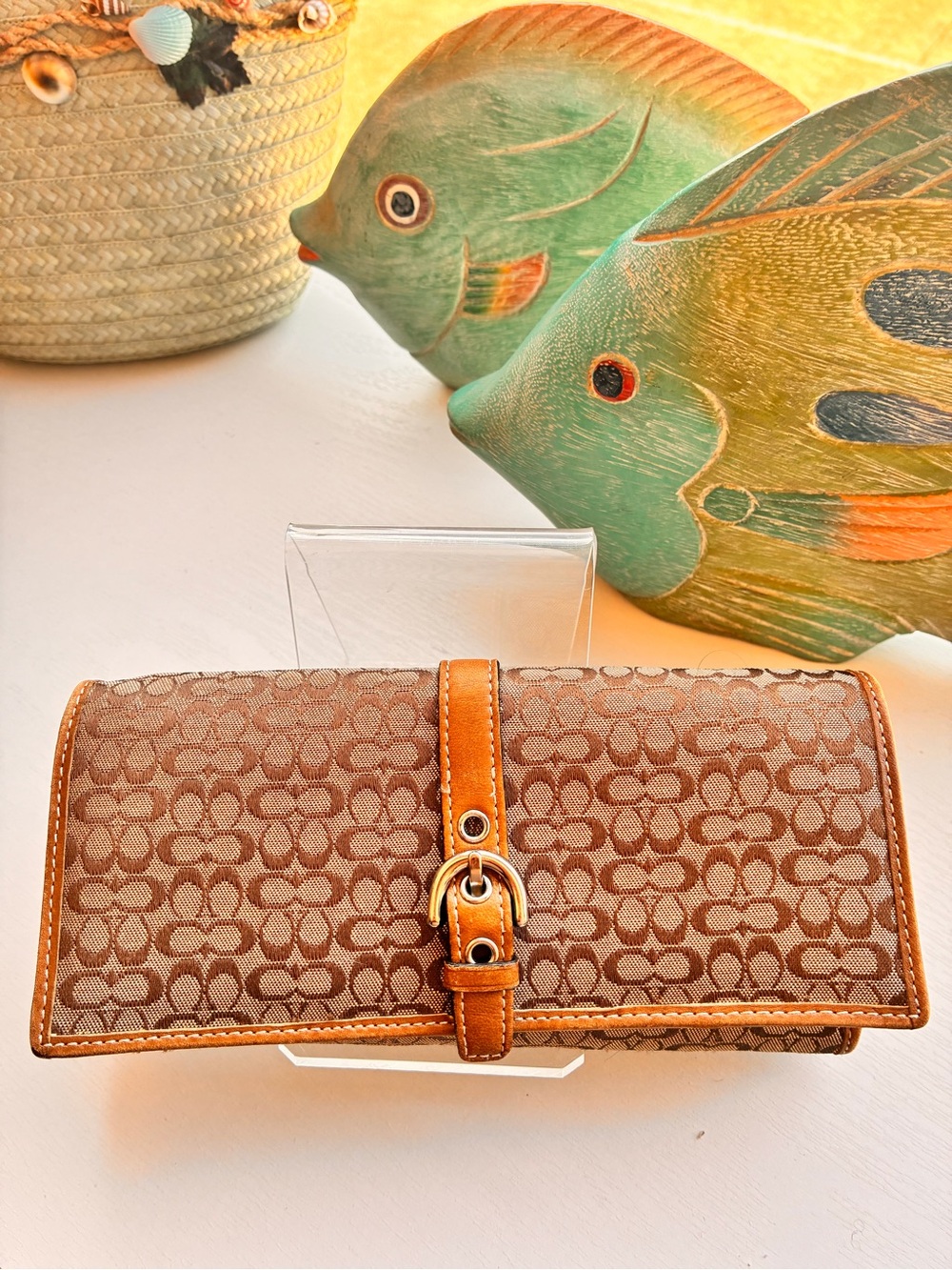 Coach Brown Signature Jacquard Wallet with Tan Leather Trim